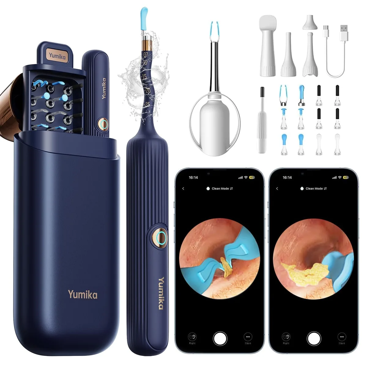 Royal blue ear care kit with flexible otoscope camera and 12 tips