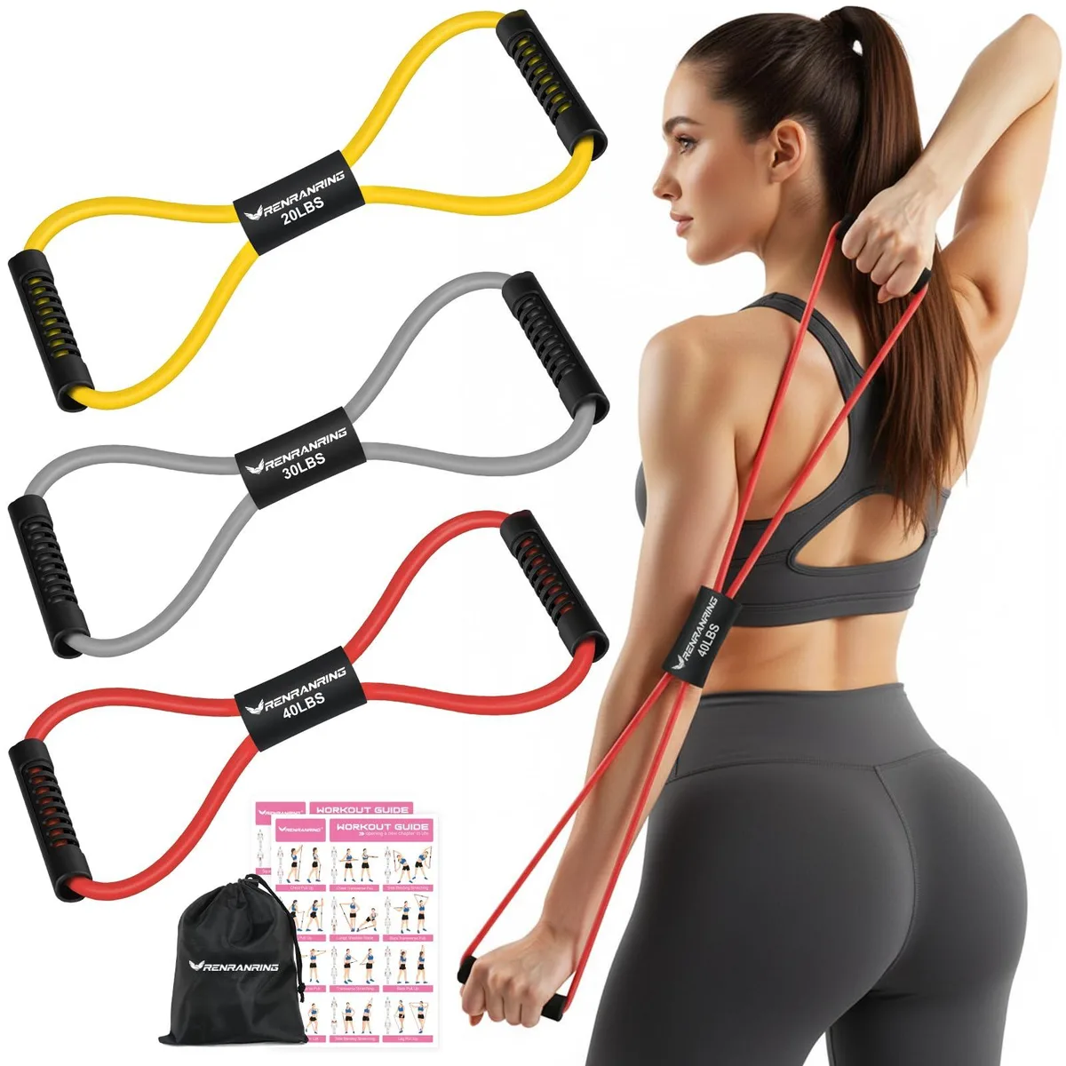 Three figure-8 resistance bands with handles in yellow, grey and red