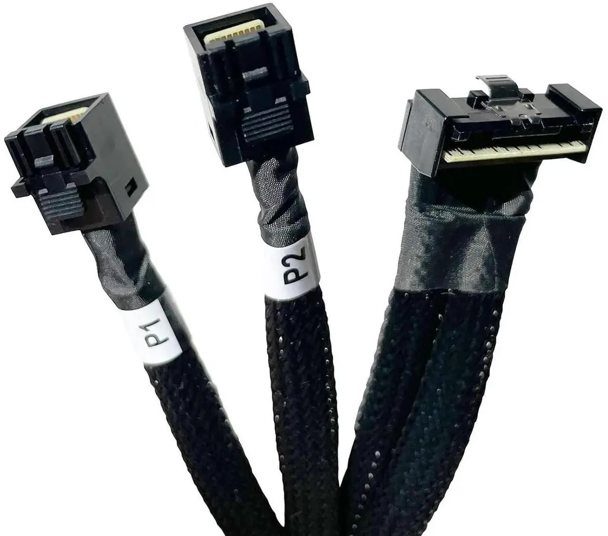 Low-profile SlimSAS LP 8X cable splitting to two MiniSAS HD 4X connectors, 80cm length