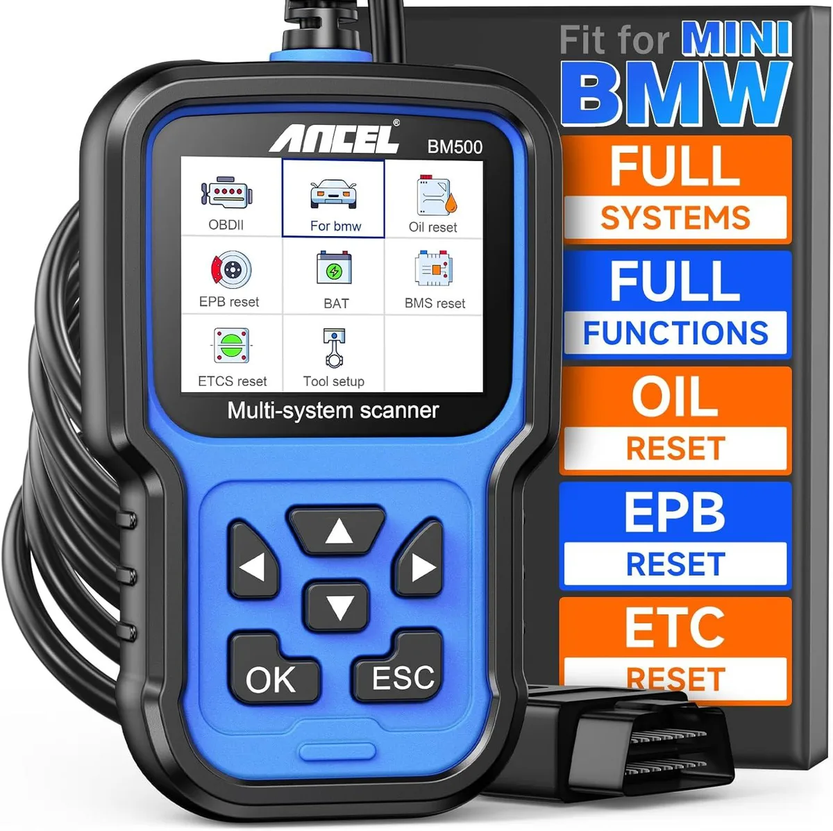 Handheld OBD2 scanner with screen and cable
