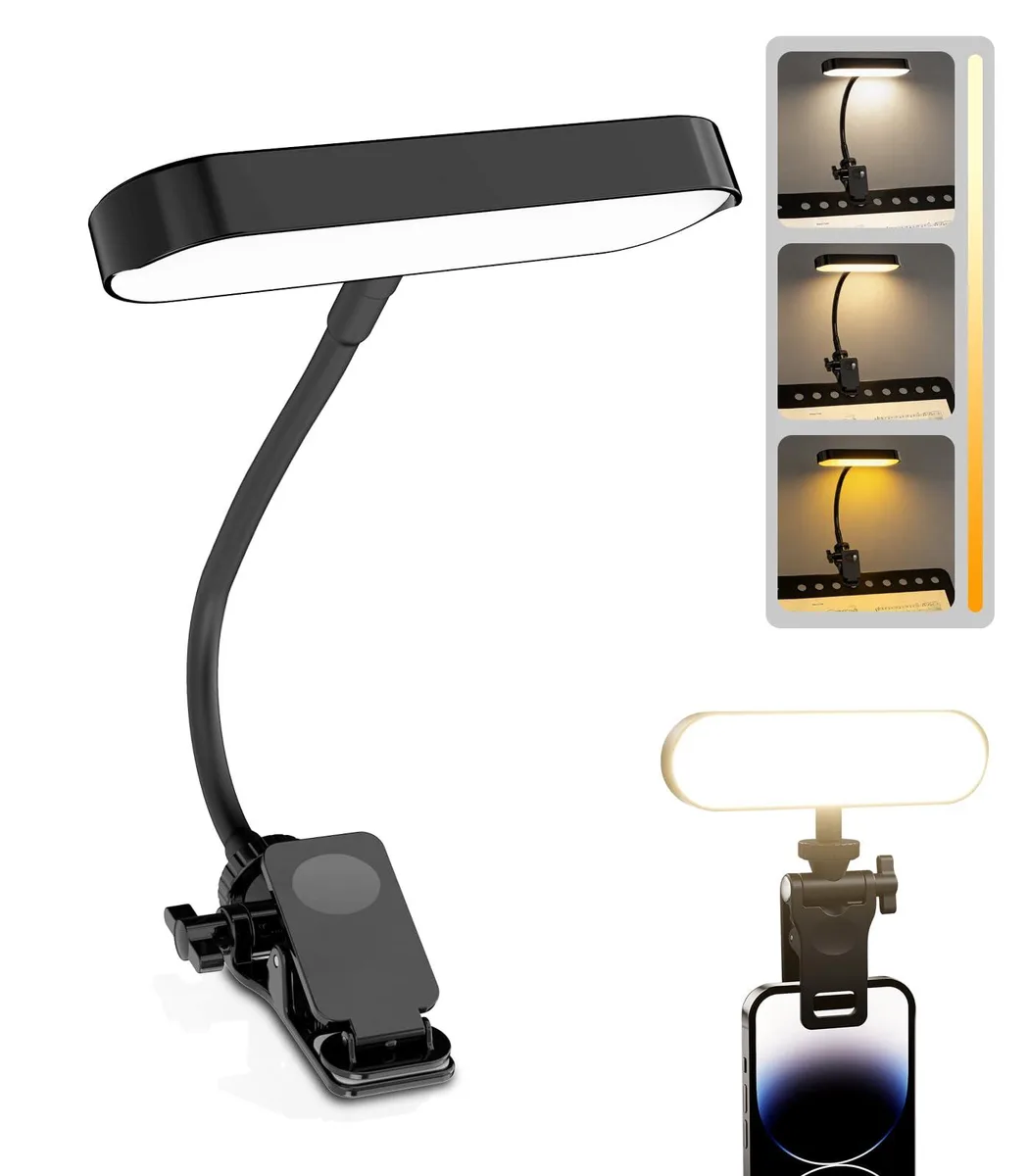 A clip-on LED book light with a 7.87-inch flexible gooseneck and silicone-padded clamp