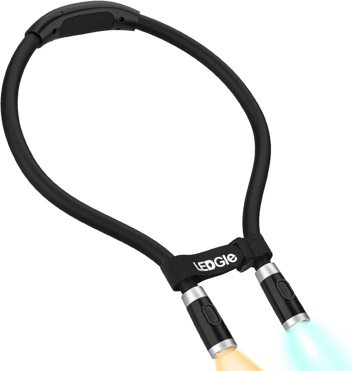 Black flexible neck-worn reading light with two adjustable arms and independent controls