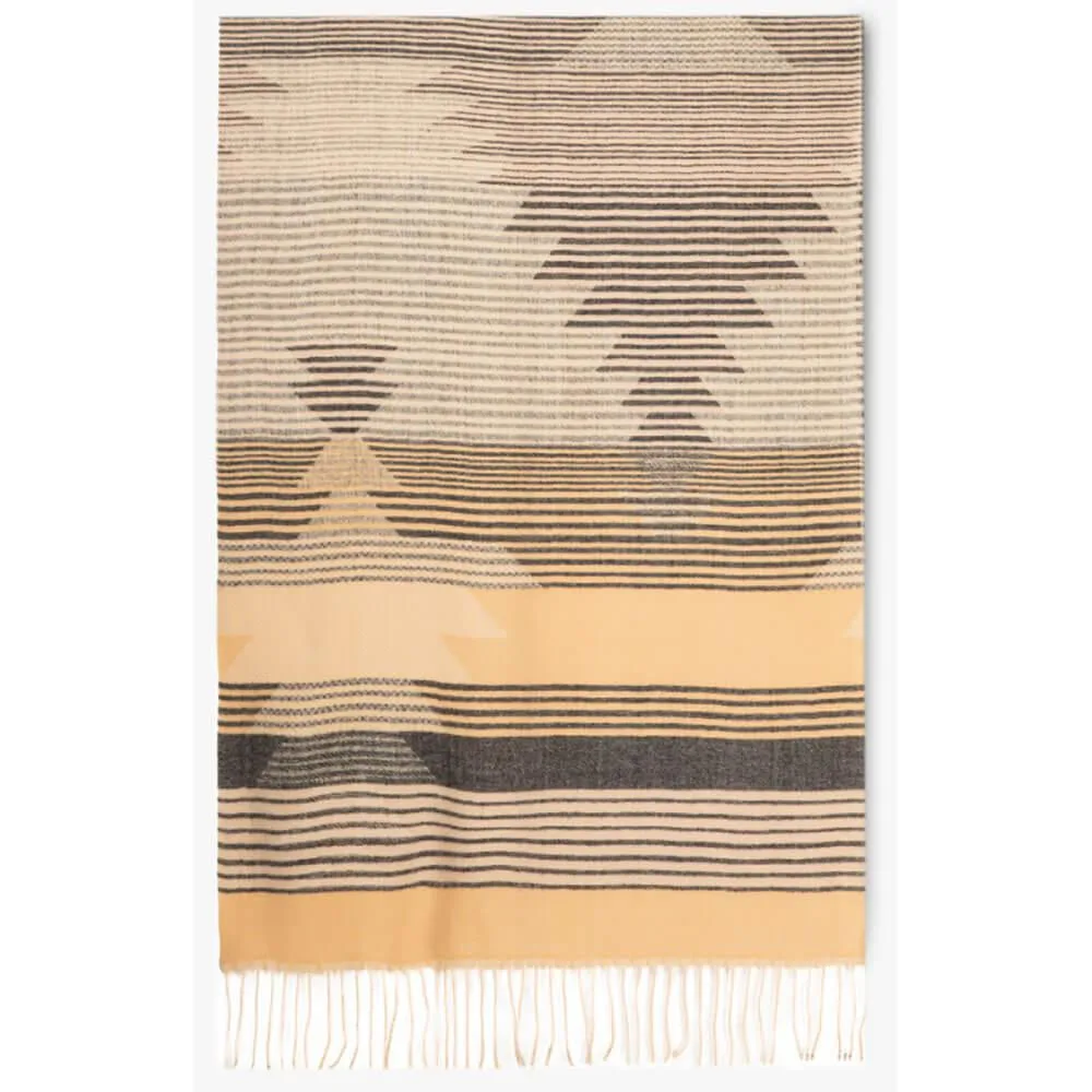 Khaki Aztec multicolour scarf with red accents, fringed edges, lightweight woven fabric