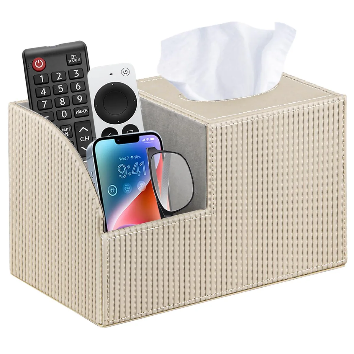 Square PU leather tissue box cover with 360° remote holder in apricot beige