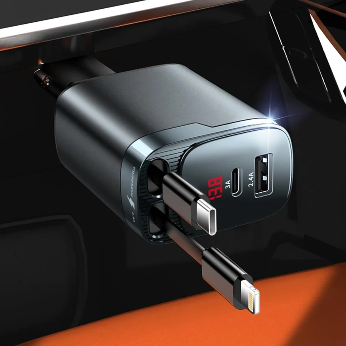 Hamzan Hamzan Retractable Car Charger 4 in 1 45W USB-C Lightning 31.5in 12-24V — product photo