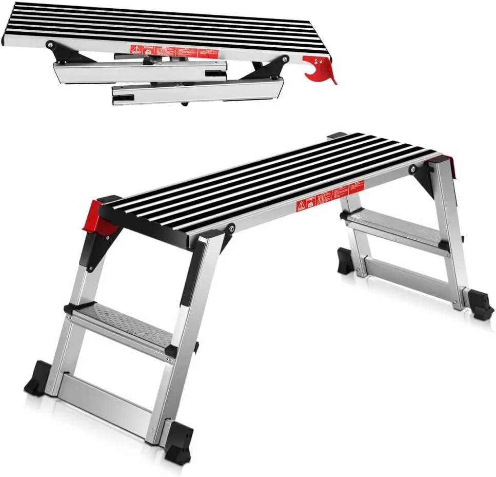 Silver aluminium folding step ladder with rubber platform and four non-slip feet, 40 inch height, 330 lbs capacity