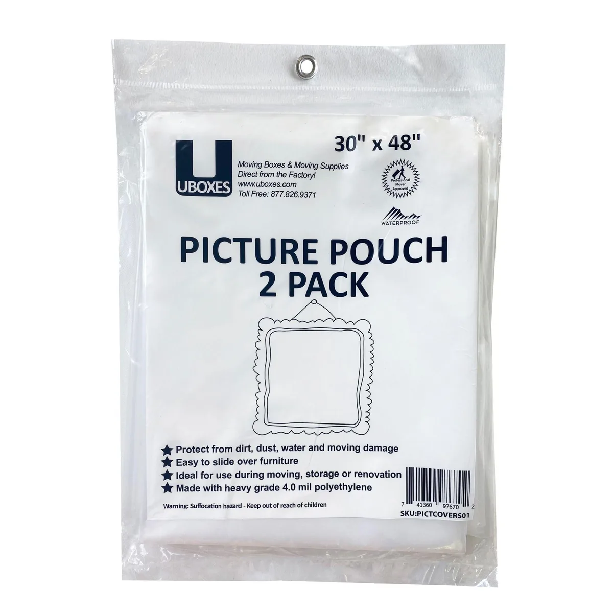 Two clear plastic pouches, each 30 by 48 inches, pleated flat for framed artwork