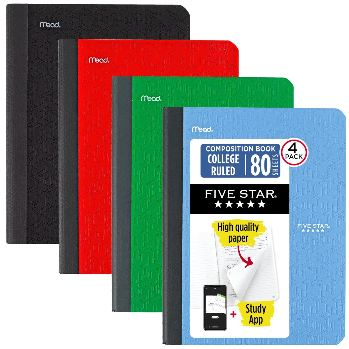 Four spiral-bound composition books in assorted colours, college ruled, 80 sheets each