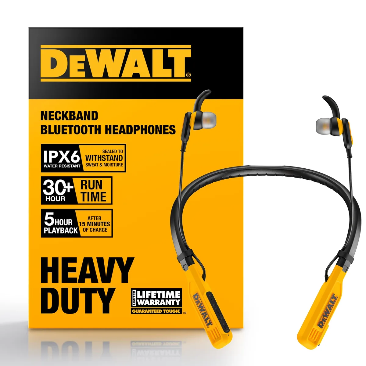  DEWALT Jobsite Pro Neckband Earphones DXMA1902091 Yellow IPX6 15h — product photo