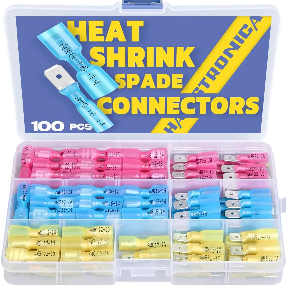  100pcs Heat Shrink Spade Connectors AWG 22-10 Wire Cap Connectors — product photo