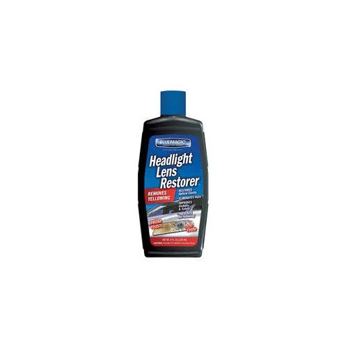 Blue bottle with white liquid headlight lens restorer 8 fl oz