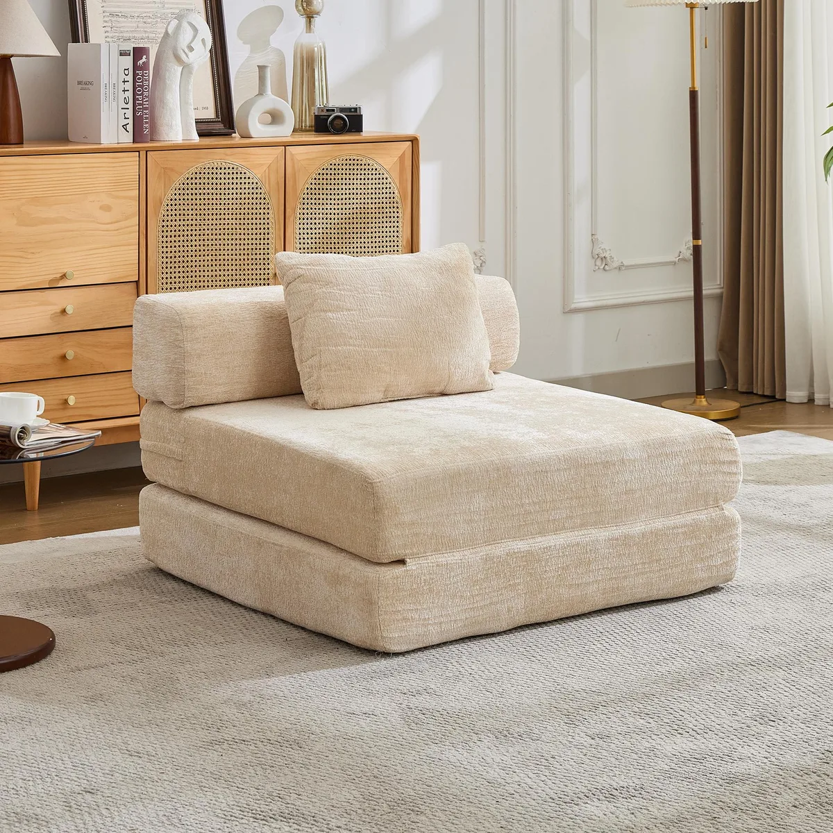 Beige chenille convertible floor sofa bed with fixed-shape frame, single seater modular design