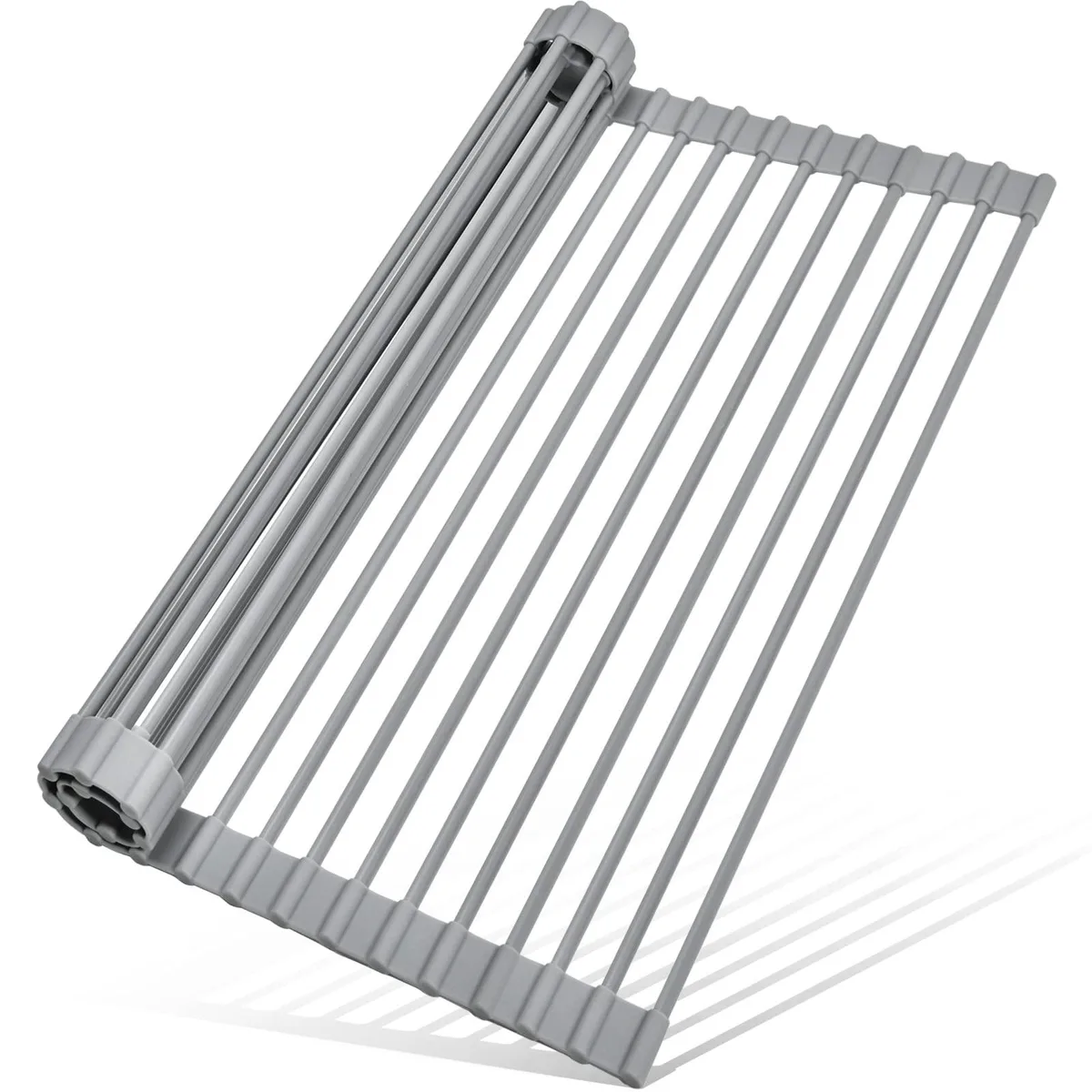 Red silicone-wrapped roll-up drying rack, 17.5 by 11 inches, folded flat