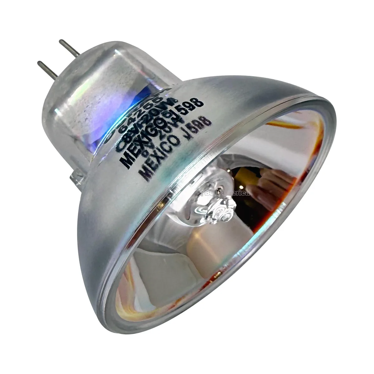Small MR11 halogen bulb with multifaceted reflector and clear front glass