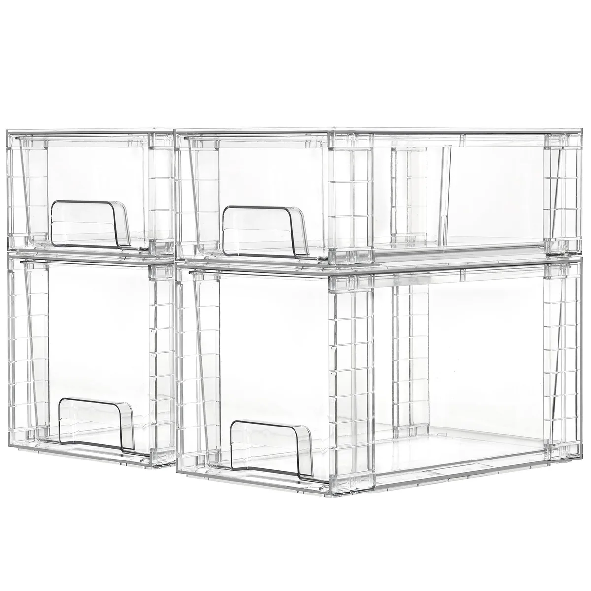 Four clear acrylic drawers, two medium two small, stacked in a frame with sliding rails