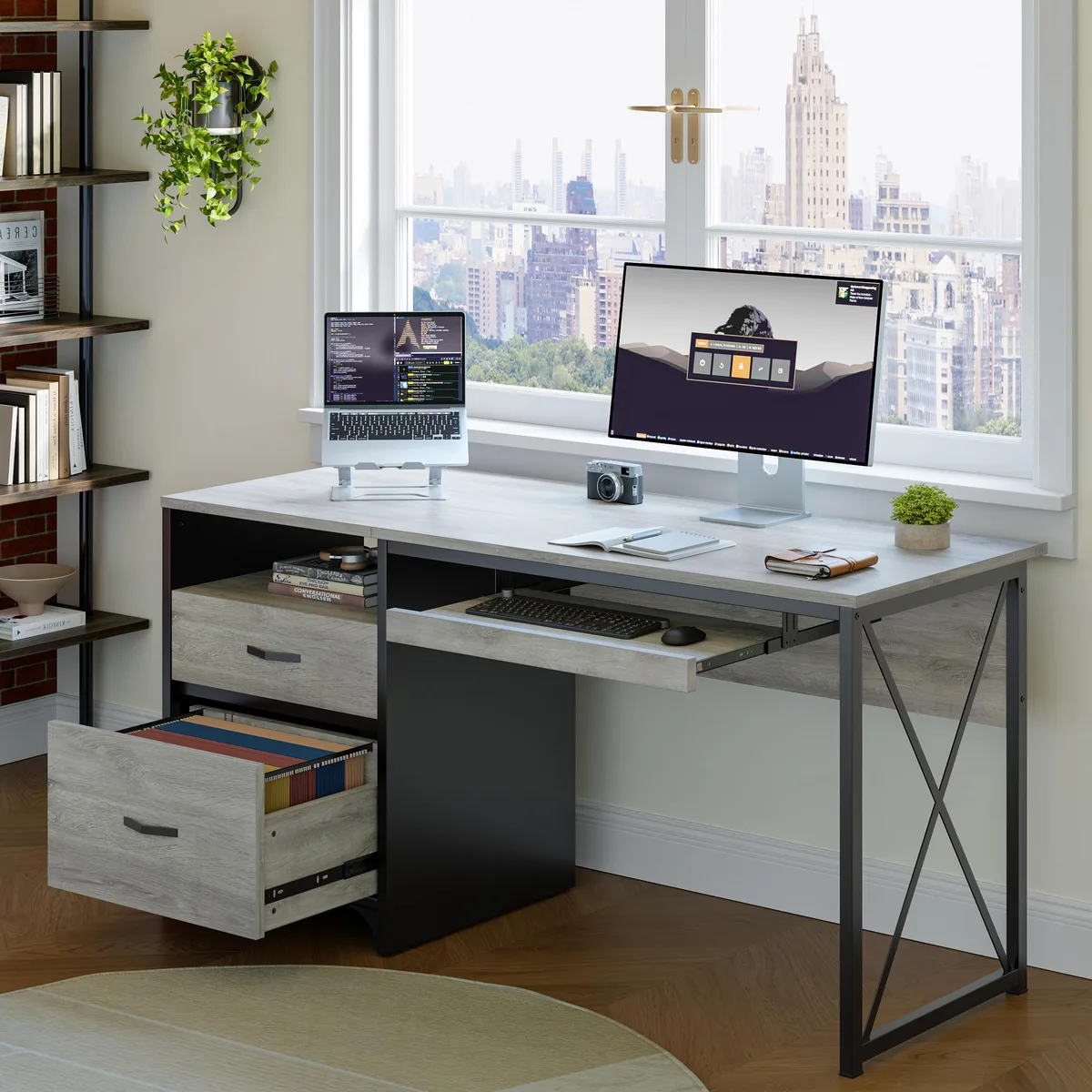 Bestier Bestier 55 inch Computer Desk Retro Gray Oak Dark Retro Gray Oak Light — product photo