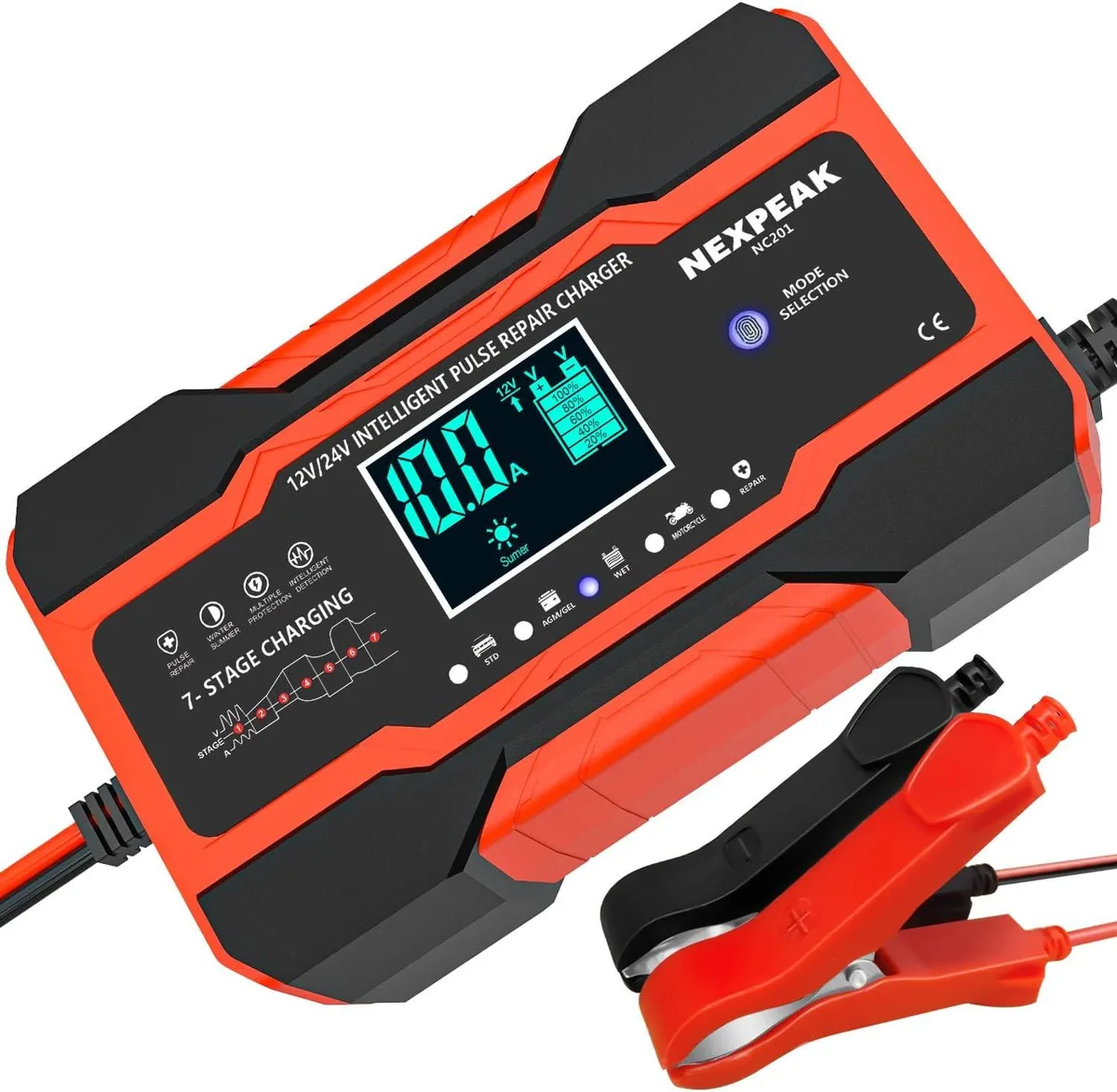 Black rectangular battery charger unit with LCD screen and attached cables
