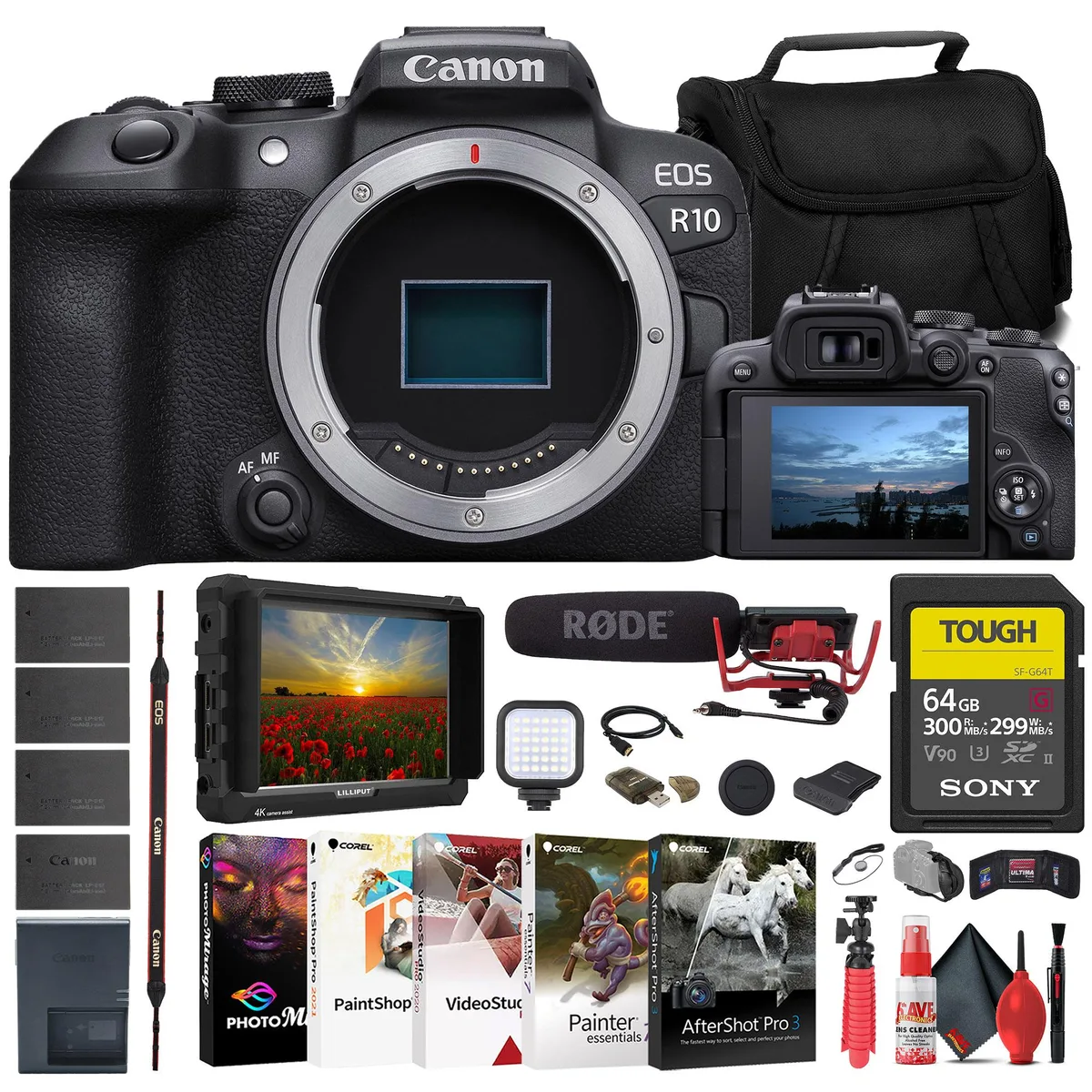 Canon Canon EOS R10 Mirrorless Camera Kit with 7 inch Monitor, Rode VideoMic, 64GB Card — product photo