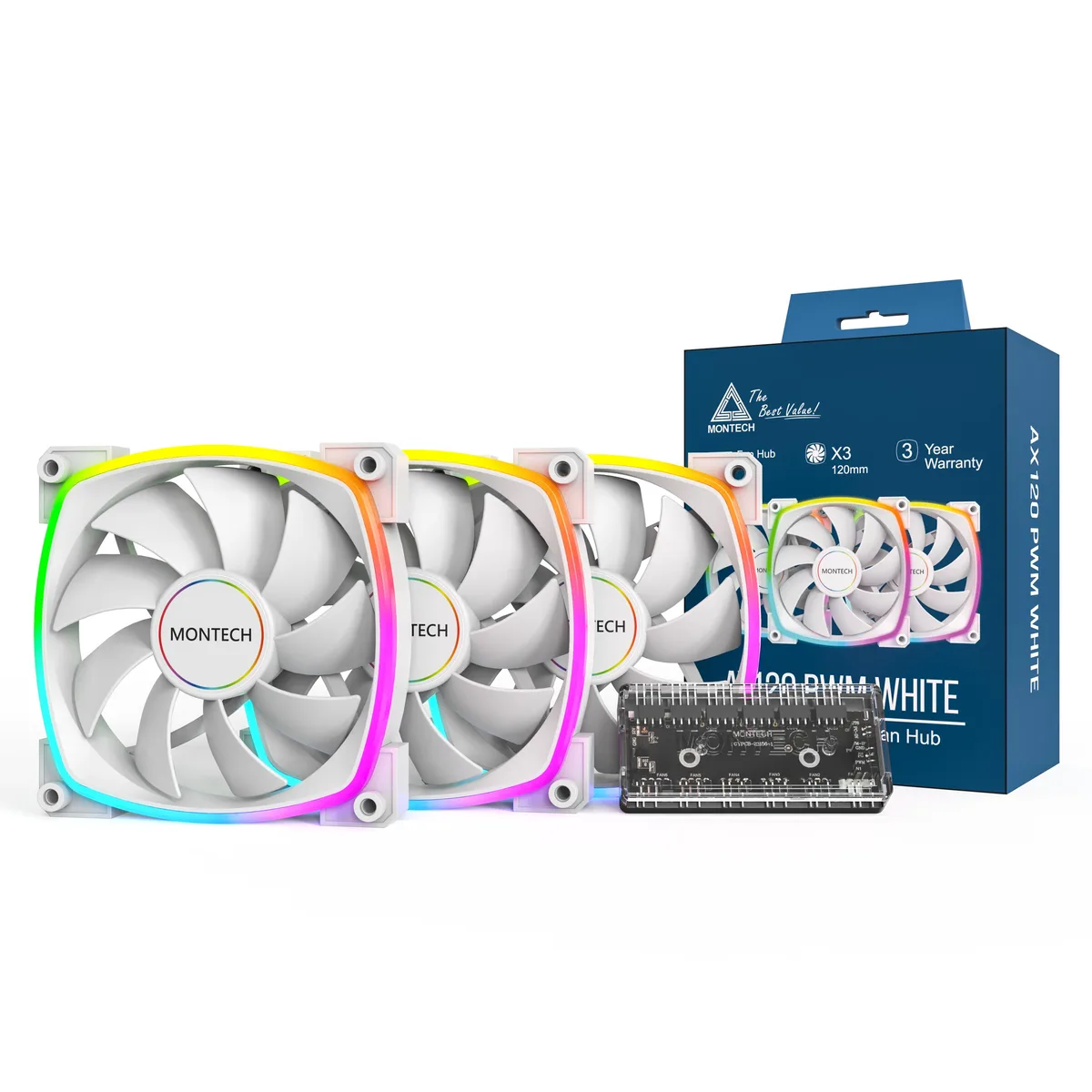 Montech Montech AX120-3in1W 120mm ARGB case fan 3-pack white — product photo