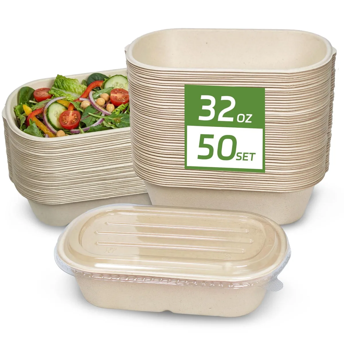 Stack of 50 rectangular reddish-brown fibre bowls with clear lids