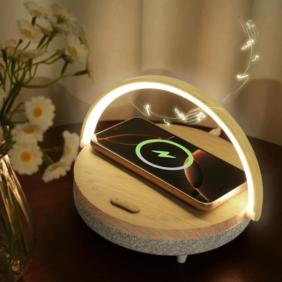 Wood-grain round table lamp with cotton shade, touch control bar, wireless charging pad and phone holder