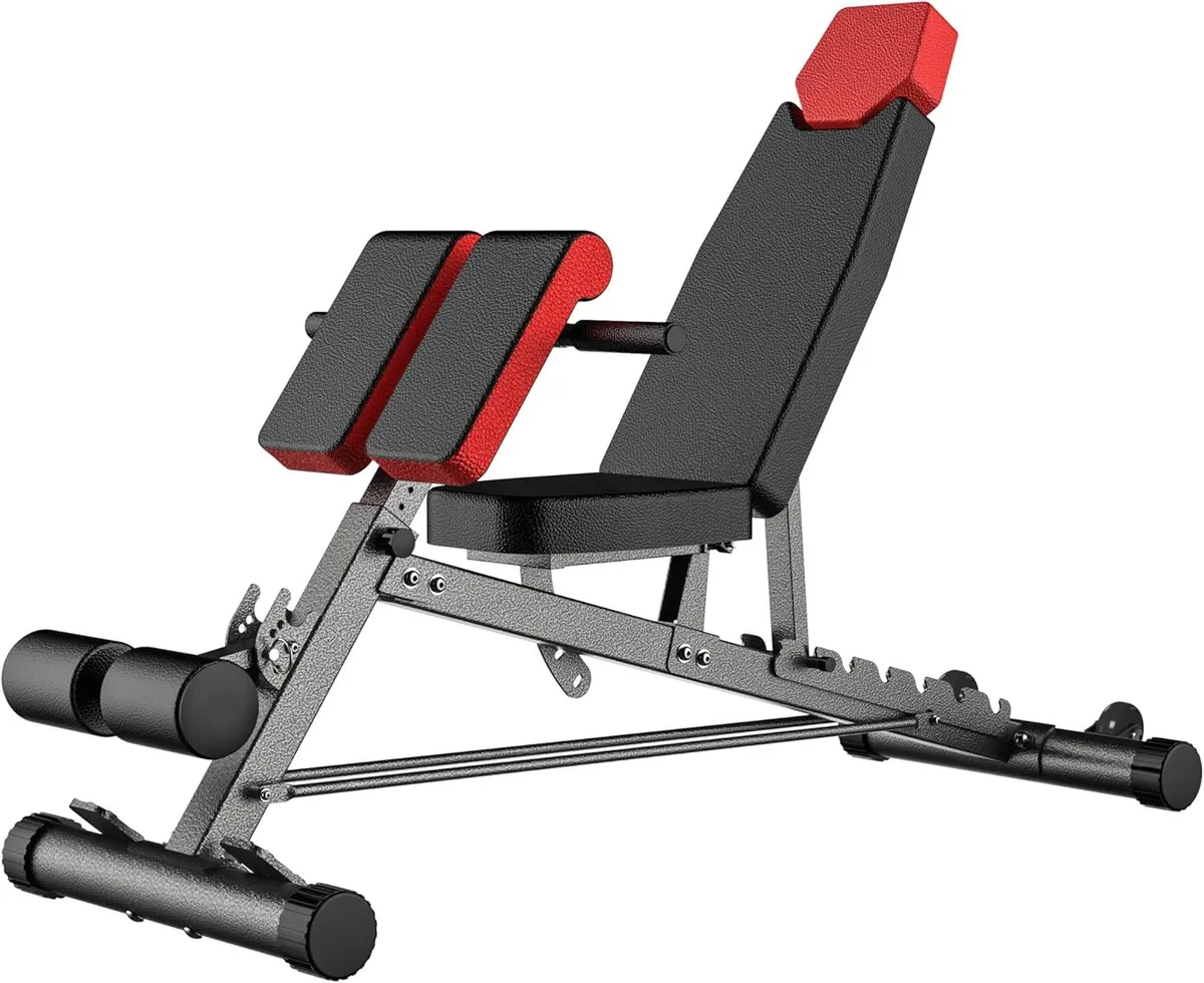 Adjustable steel weight bench with padded sections and transport wheels
