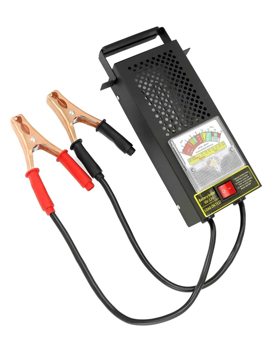 Handheld 12V battery load tester with copper clamps and steel case