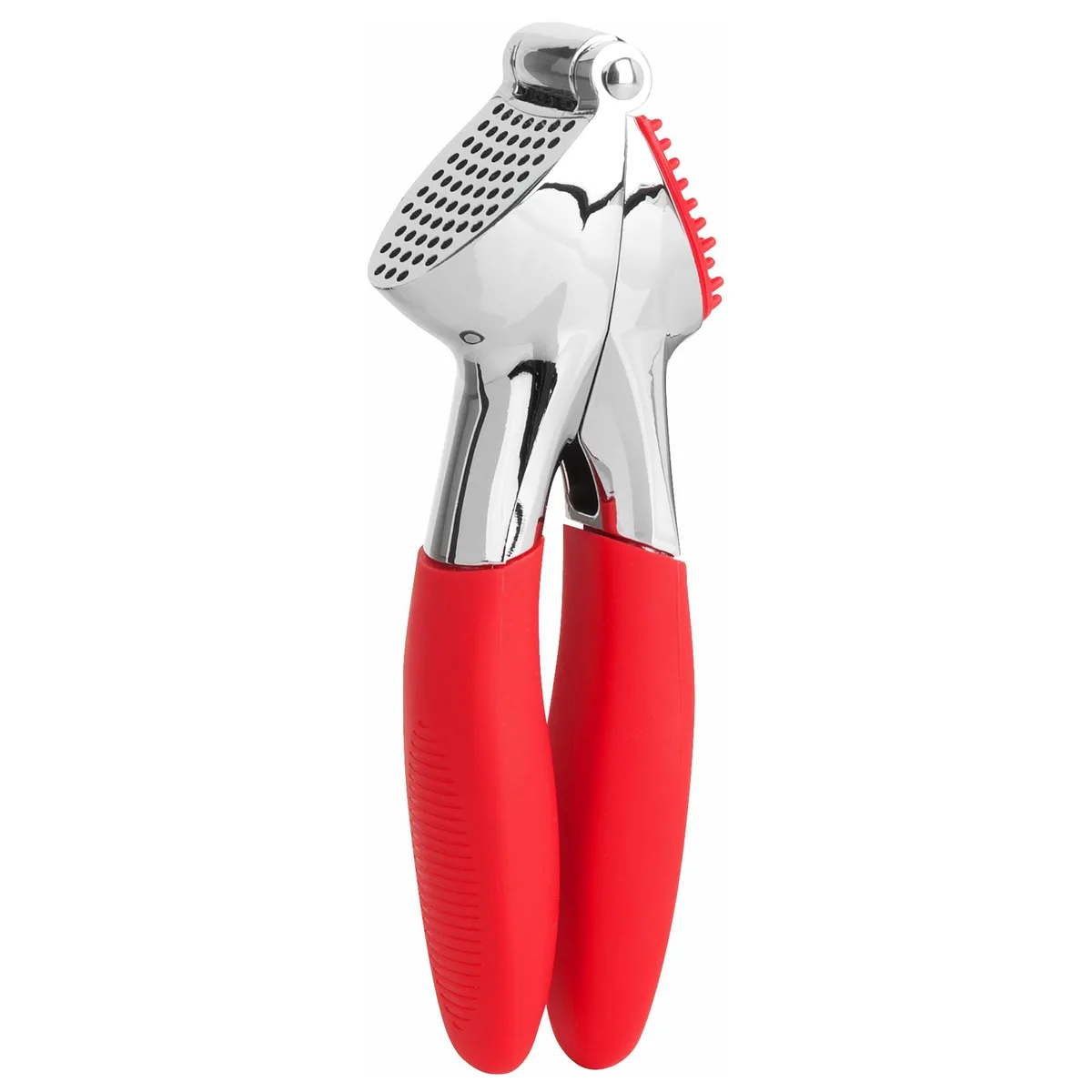 Stainless steel garlic press with soft-grip handles and built-in cleaning tool