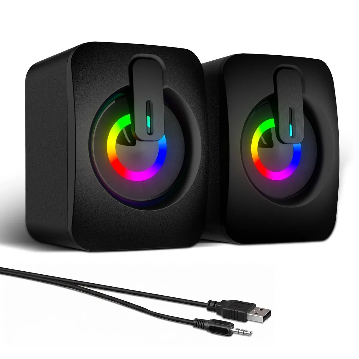 Two compact USB-powered speakers with 3.5mm cables and RGB lighting