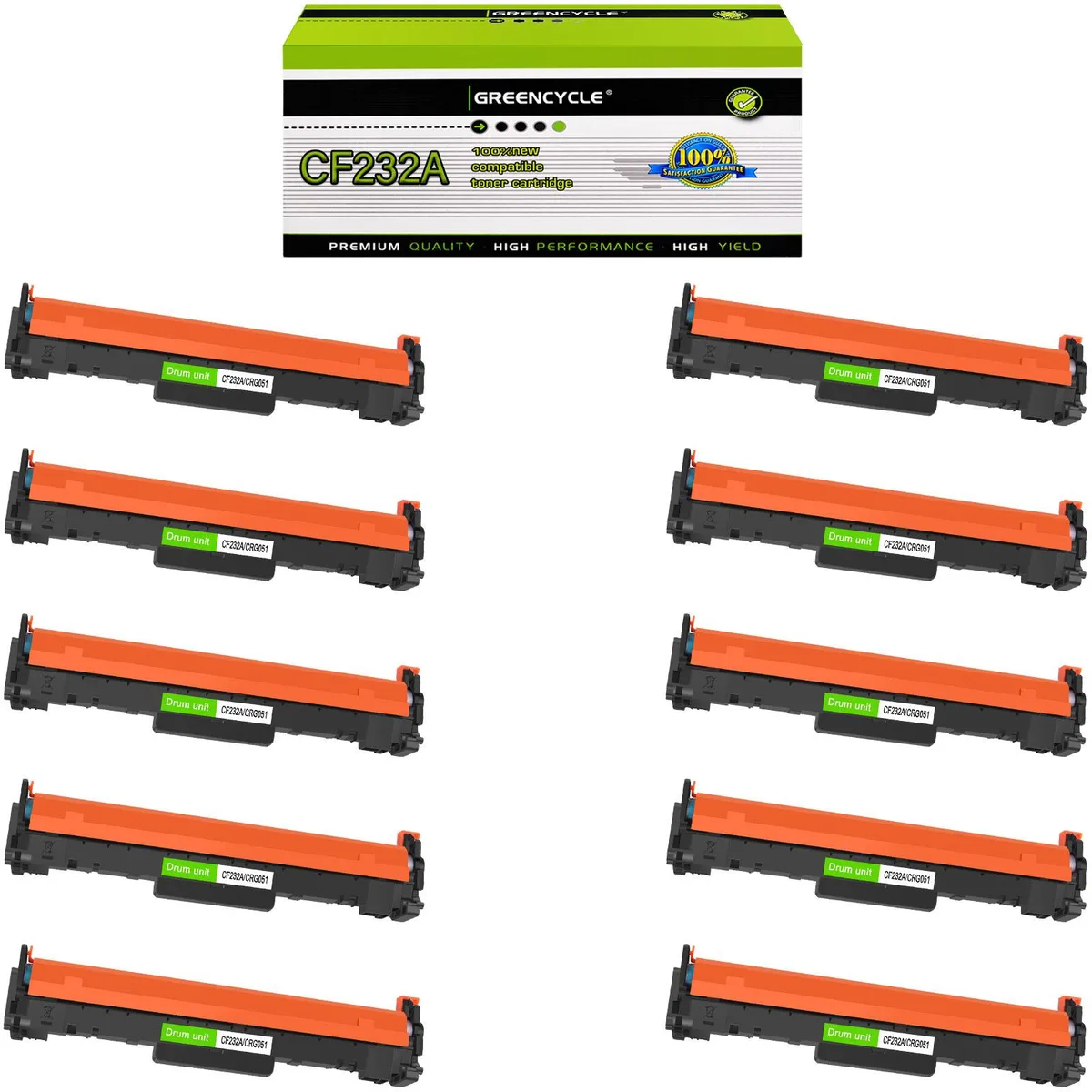 Box containing ten black laser drum units in green and black packaging
