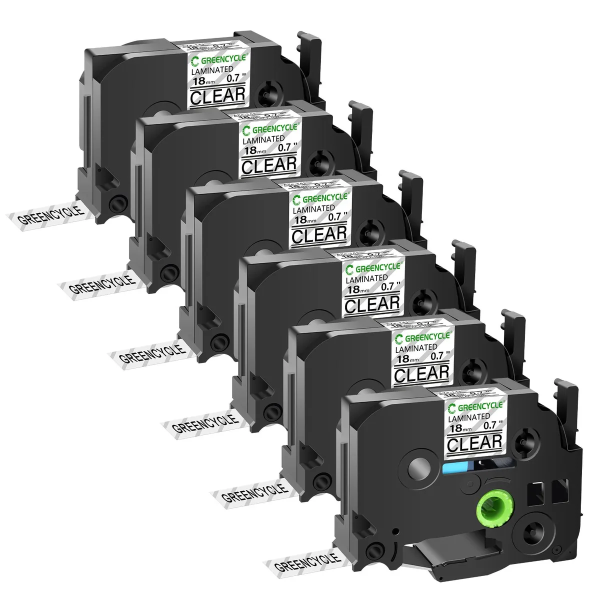 GREENCYCLE GREENCYCLE TZe-141 18mm Black on Clear Laminated Tape 6 Pack — product photo