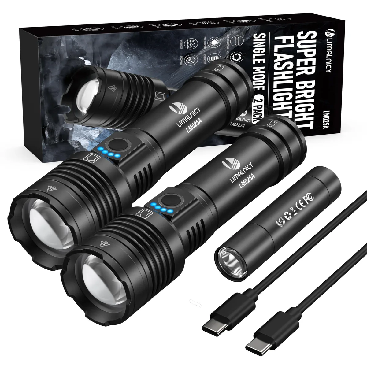 Two compact aluminium LED flashlights with USB-C ports side by side