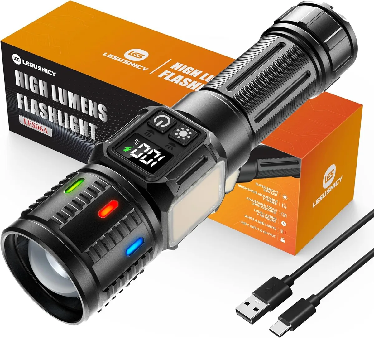 MAONO 2026 30W LED flashlight with USB-C port and LCD display, dual light source, black cylindrical body