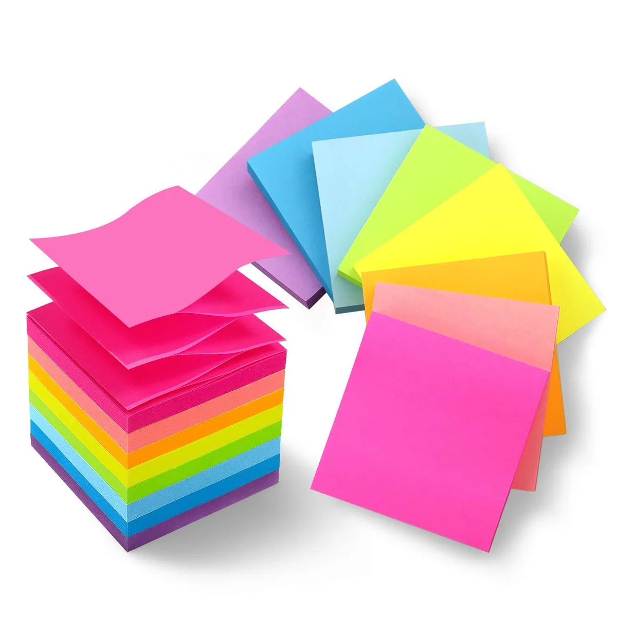 Eight square sticky-note pads in bright colours inside a pop-up dispenser box
