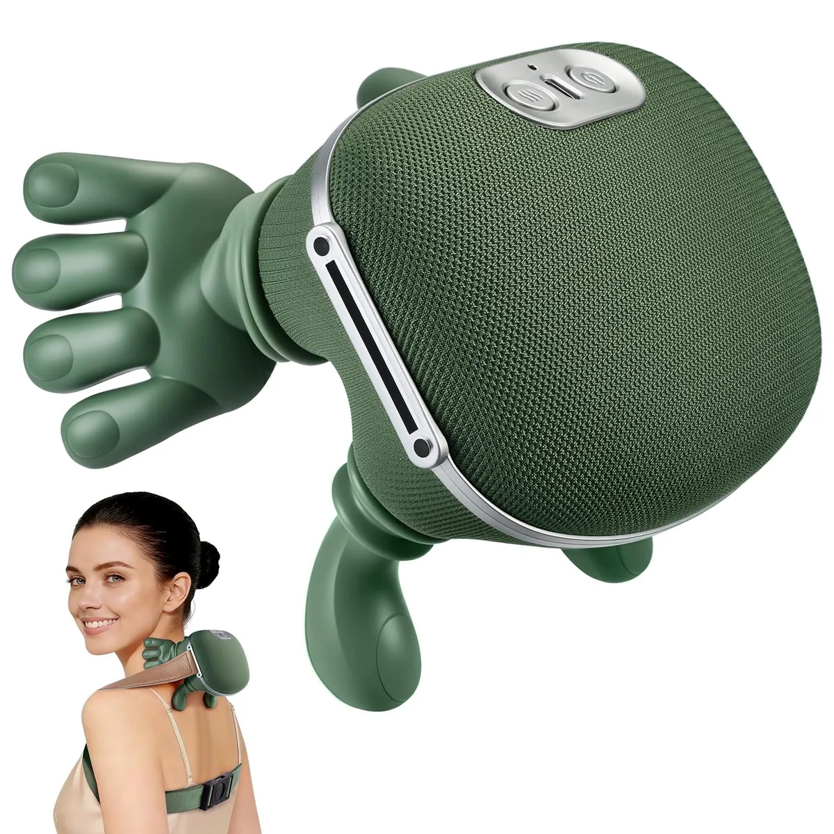 Green leather U-shaped neck massager with dual massage heads, battery powered