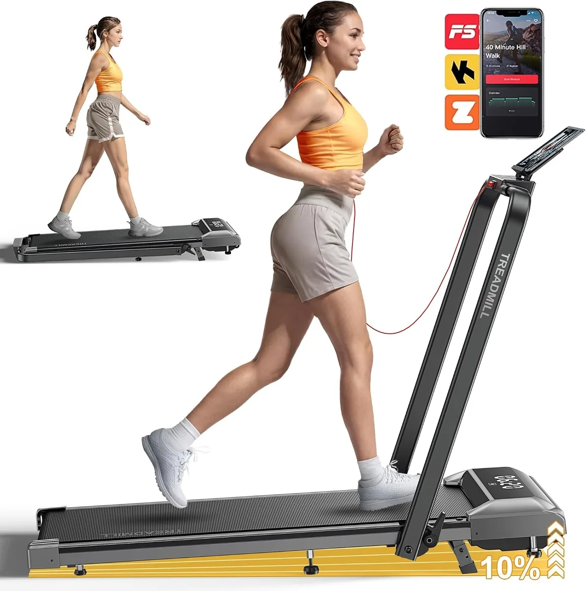 Compact foldable treadmill with inclined running deck and height-adjustable handlebar, dark frame