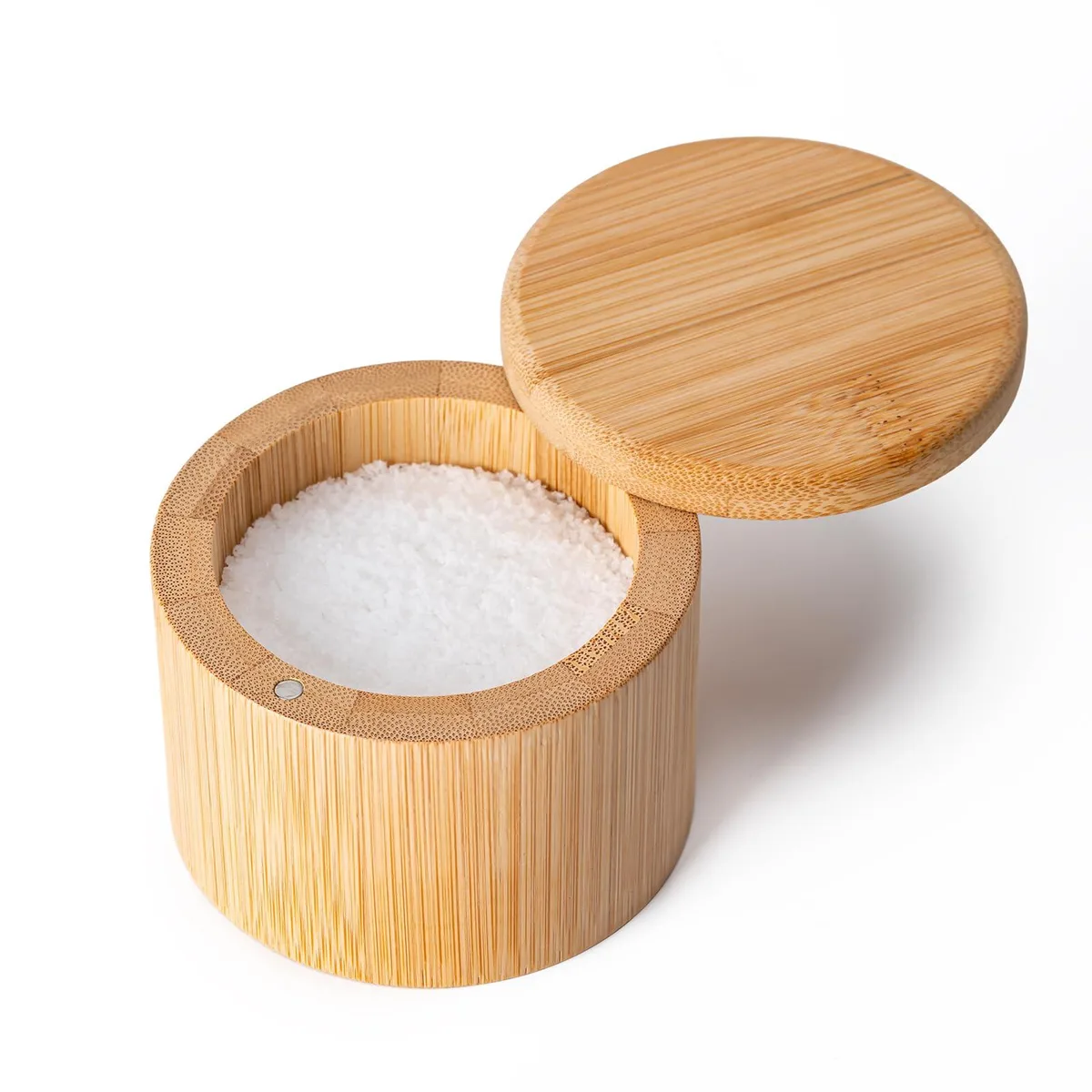 Round bamboo salt cellar with magnetic swivel lid, natural finish