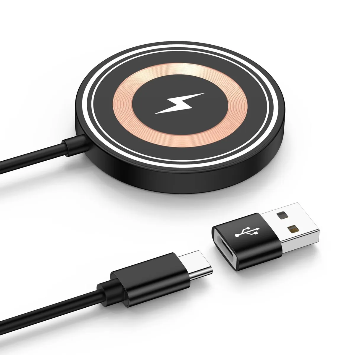 A compact circular wireless charging pad with a matte finish and integrated four-foot cable