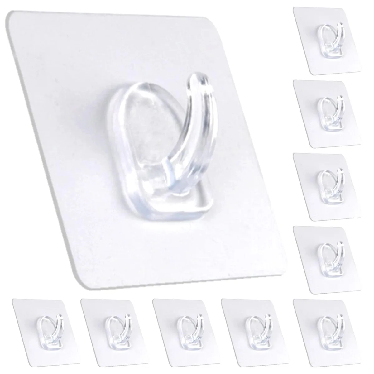 Ten clear seamless PVC adhesive hooks in a pack