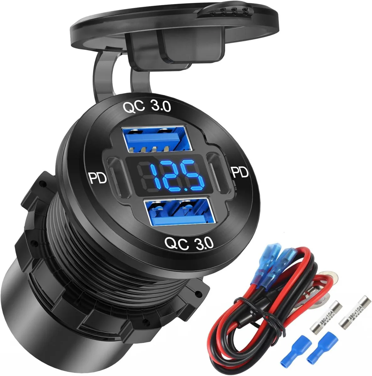 Hamzan Hamzan 4 Port 12V USB Charger 78W Dual PD QC Voltmeter Waterproof — product photo