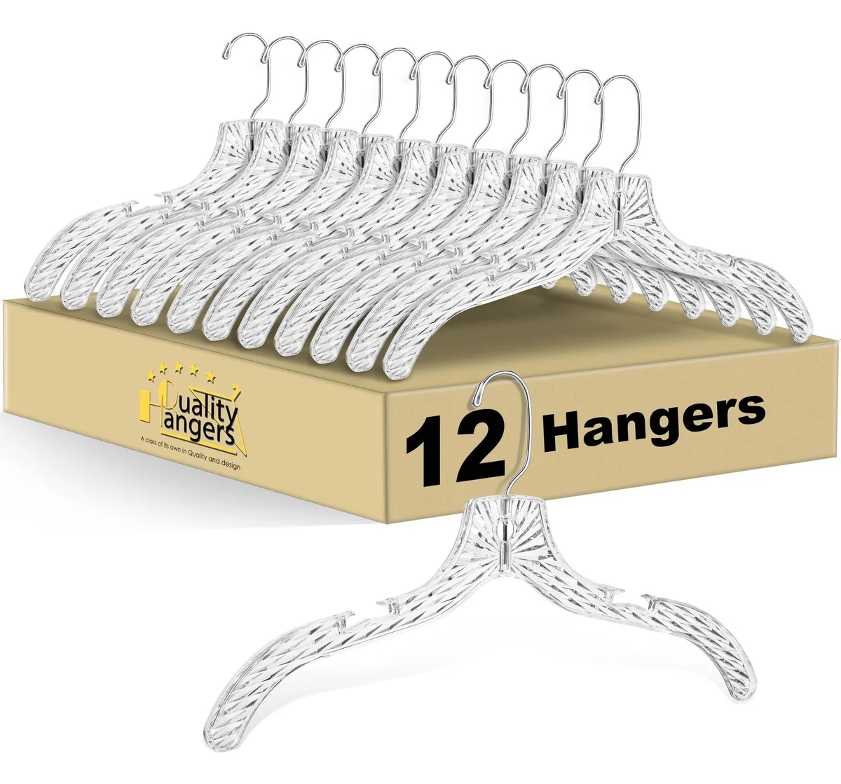 Twelve clear crystal-cut plastic hangers with 360-degree swivel hooks