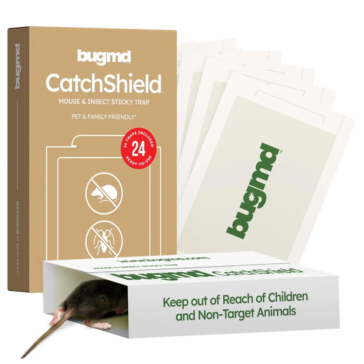 Flat rectangular glue traps in white cardboard sleeve