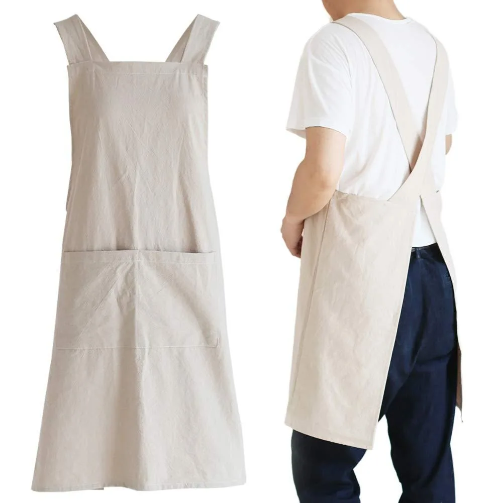 Khaki cross-back apron in cotton-linen blend with side pockets
