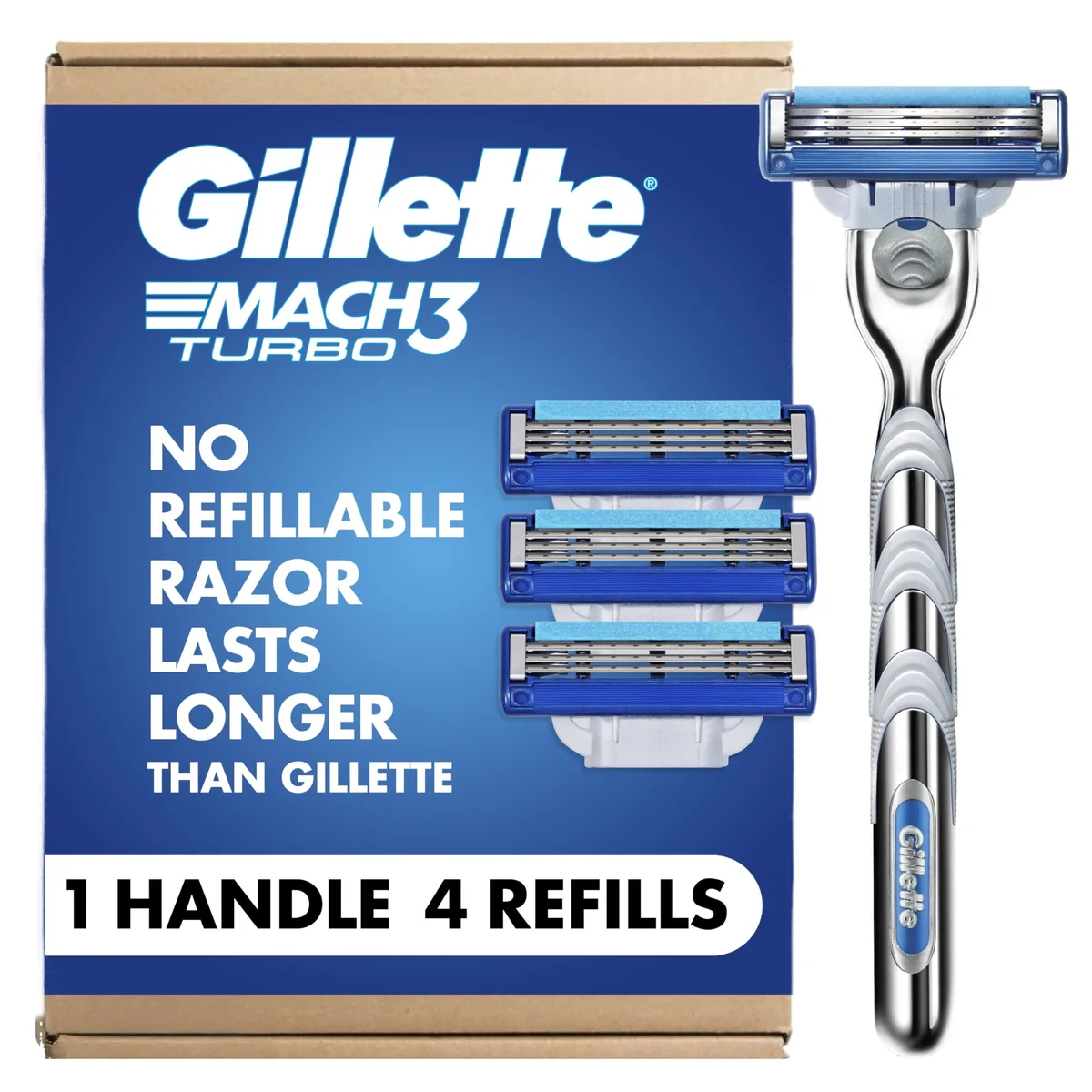 Black Gillette Mach3 Turbo razor handle with 17 cartridge refills in packaging