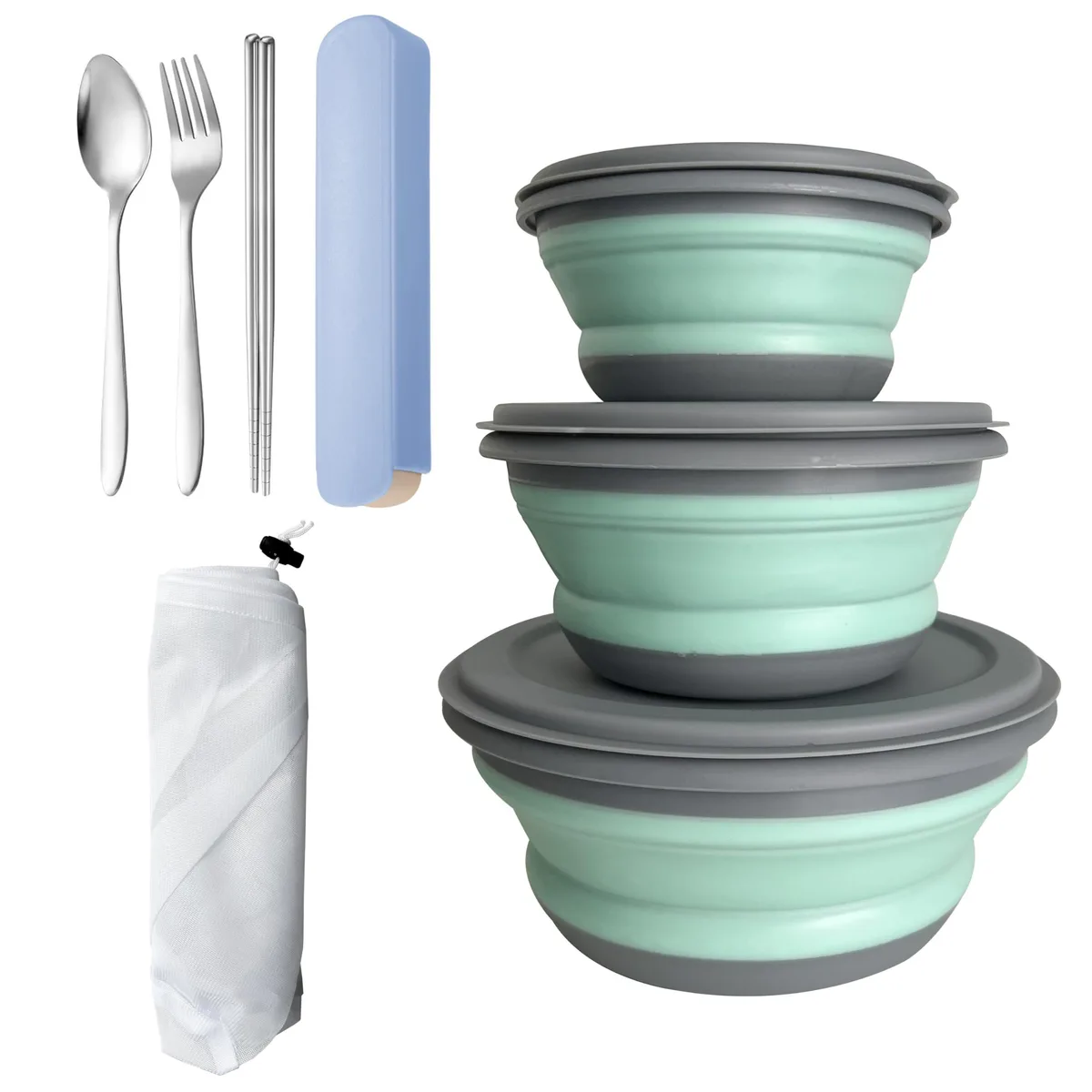 Three collapsible silicone bowls in brown and red with stainless steel cutlery and mesh storage bag