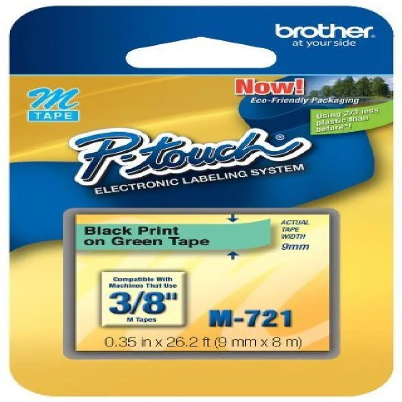 Brother Brother BRTM721 label tape 3/8" black on green — product photo