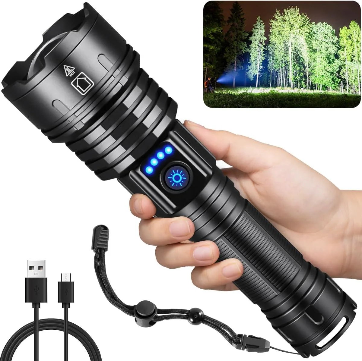 Cylindrical aluminium flashlight with Type-C port and focus ring