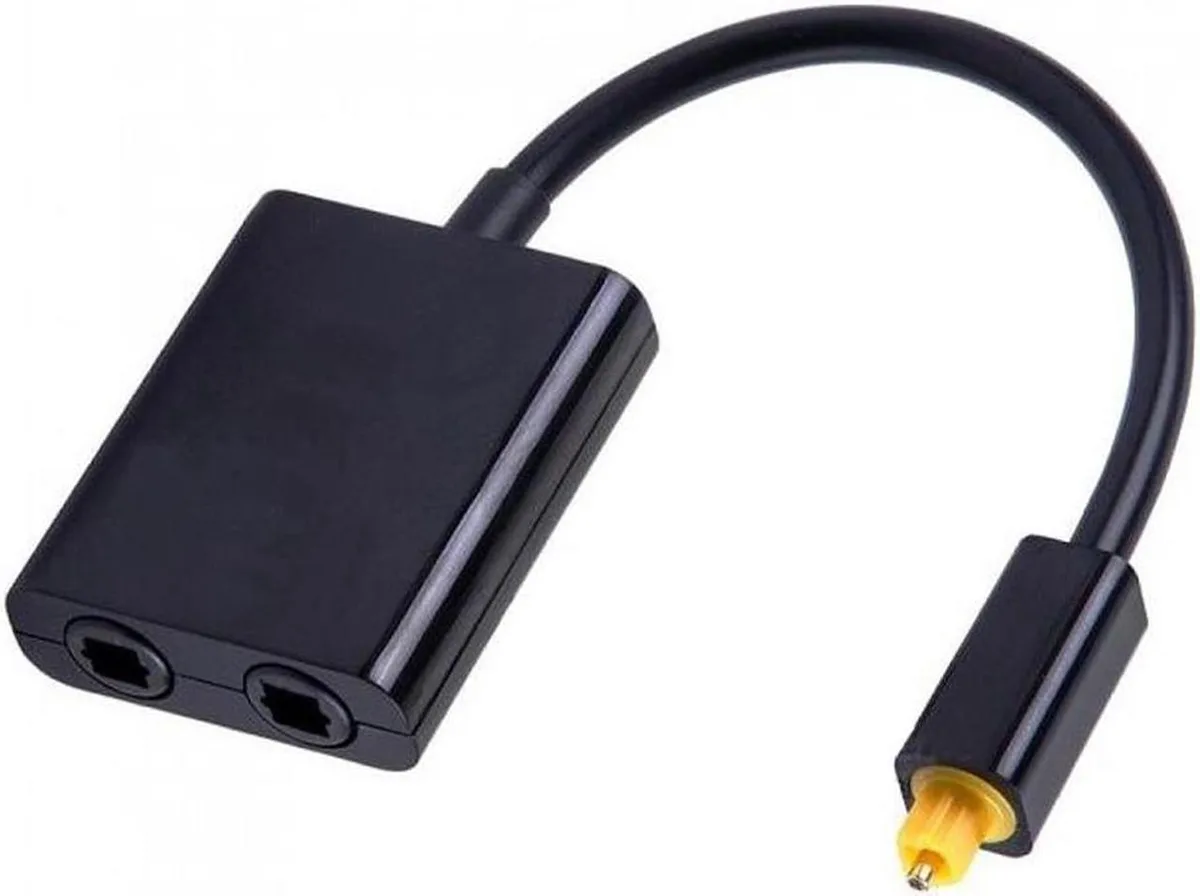 Black ABS Toslink splitter, one input to two outputs, rectangular block with three ports