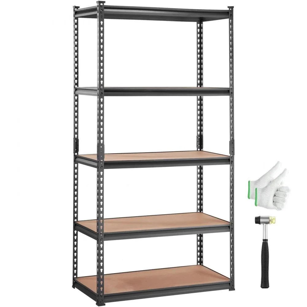 Black five-tier metal shelving unit with MDF shelves, 35 by 18 by 71 inches