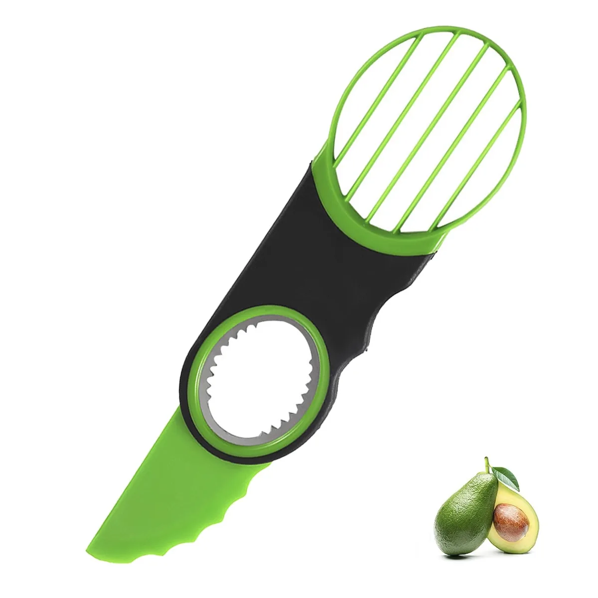 Green plastic handle with stainless steel scoop and serrated edge, 5 in x 5 in x .1 in